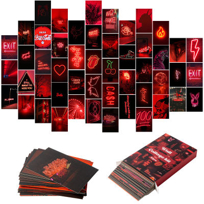 50Pcs Red Neon Aesthetic Pictures Wall Collage Kits Neon Red Photos Collection Collage Room Decor for Girls Teens and Women