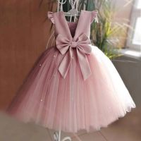 New Peach Pink Flower Girls Dresses For Wedding Beading Backless Girl Birthday Party Evening Dress Tulle Princess Ball Gown