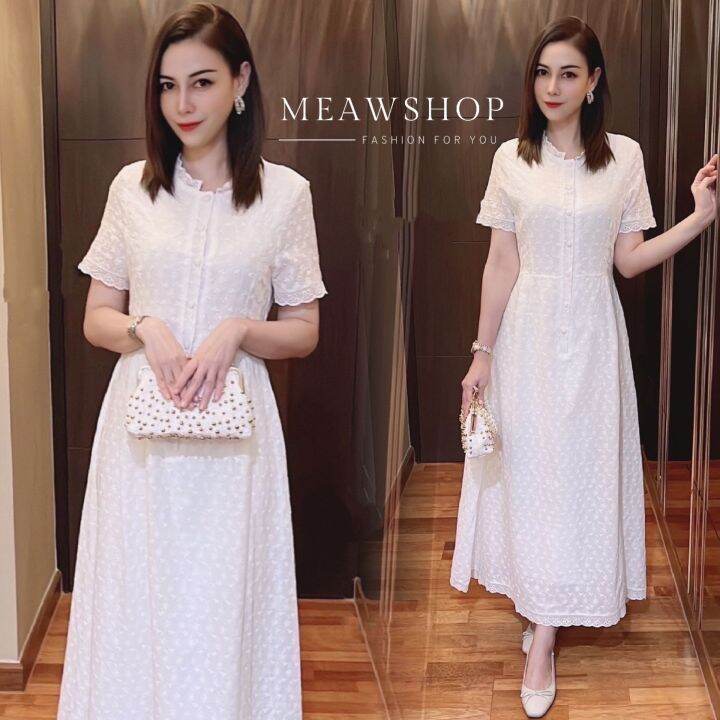 เดรสยาวกระดุมหน้า-s-2xl-ชุดใส่ทำบุญ-ลูกไม้สีขาว-ชุดขาว-เดรสขาว-ชุดไปวัด-ลูกไม้-ฉลุ-งานป้าย-the-classic