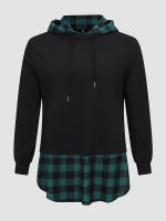 Finjani Plus Size Hoodie Casual Black And Green Plaid Stitching Women S Sweatshirt Fashion Woman Long Sleeve Tops