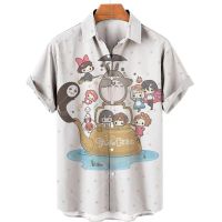 ✅Miyazaki Hayao เสื้อผู้ชาย Totoro 3D,เสื้อผู้ชายลายแมวน่ารักหน้ากากฮาวายฤดูร้อนแขนสั้นเสื้อชายหาด