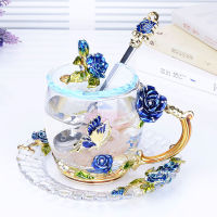 Creative Blue Rose Enamel Crystal Tea mug Cup Coffee Mugs Butterfly Rose Painted Flower Water Cups Clear Glass with Spoon Set