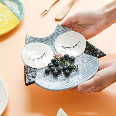 2PcsSet Direct Marketing Creative Cartoon Animal Shape Owl Bird Fox Hand-painted Ceramic Home Storage Separate Plate Sets