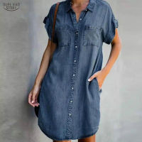 New Arrival Summer Women Denim Dress Short Sleeves Loose A-Word Dresses s V-neck Solid Denim Dresses Shirt Dress 17139