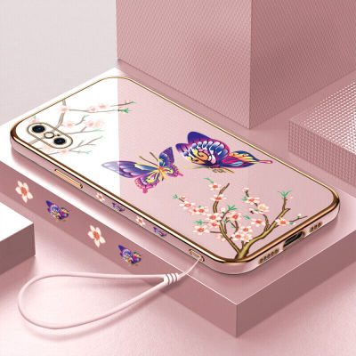 เคสเคสมือถือสำหรับ iPhone XS MAX พร้อมฟรีสายคล้อง + การ์ตูนผีเสื้อชุบเคลือบขอบสี่เหลี่ยมฝาหลังนิ่ม