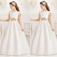 Scoop Flower Girl Dresses for Wedding Sleeveless Floor-Length Cap Sleeves Satin First Communion Dresses for girls