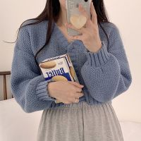 ☌☽ Loose Sweater Women Korean Fashion Casual Solid Color Knitting Cardigan Woman V Neck Long Sleeve Single-breasted Crop Top Female