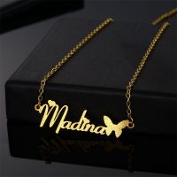 Custom Name Necklace with Butterfly Gold Stainless Steel Chain Frosted Personalized Pendant for Women Girls Jewelry Gift