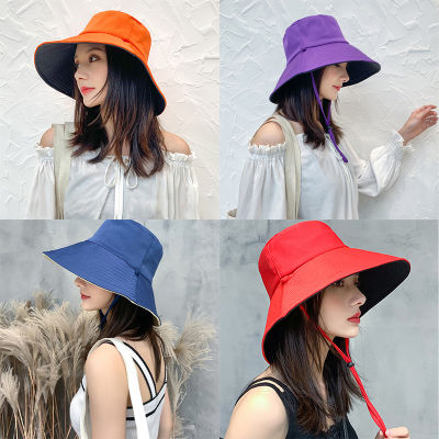 GZ Store เน็ตไอดอล หมวกชาวประมง ปะเก๊ต ผู้หญิง หมวกผ้า กันแดด ใส่ได้สองด้าน สไลด์เกาหลี หมวกกันแดดกันยูวี หมวกผ้าปีกใหญ่ สีดำ