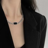 ۩ Vintage Black Square Crystal Pendant Necklace for Men Women Punk Hip Hop Thick Chain Clavicle Chain Necklace Jewelry Gifts