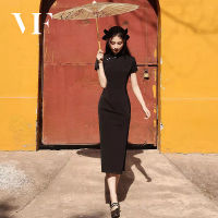 VFA671 VFASION เดรส ฤดูร้อนรุ่นปรับปรุงใหม่ cheongsam เข่ากระโปรงสีดำขนาดเล็กสาวสาธารณรัฐจีนสไตล์จีนแยกชุดยาว