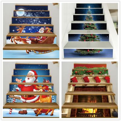 Christmas Decoration Stairs Sticker Self Stick Staircase Mural Stair Decal Fireplace Santa Claus Wallpapers For Xmas Home Decor