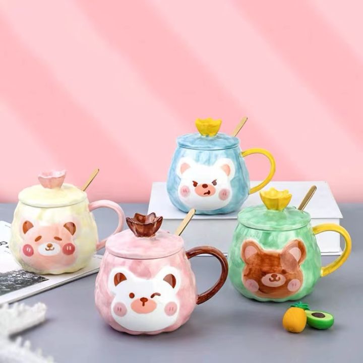 hot-sale-ชุดแก้วกาแฟรูปหมีน่ารัก-แก้วกาแฟเซรามิก-ถ้วยกาแฟ-ชุดแก้วกาแฟฝาปิดเเถมช้อน-แก้วน้ำฝาปิด