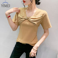 YIMEI เสื้อยืดผู้หญิงสวยๆ2023ฤดูร้อนดีไซน์ใหม่เสื้อยืดคอวีโบว์เซ้นส์เซ็กซี่เข้ารูปเข้ารูปพอดีแฟชั่นเสื้อคอตตอน