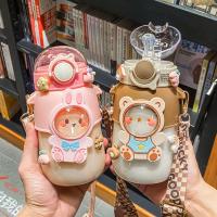 ✶✐✜ Cartoon Cute Plastic Cup High Temperature Resistant Portable Straw Cup Oblique Strap Water Cup Water Bottles