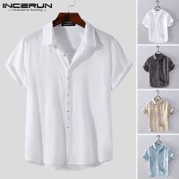 INCERUN Mens Breathable Casual Solid Color Short Sleeve Buttons Up Cotton Shirts