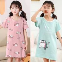 Kids Girls 100% Cotton Nightgown Cartoon Nightdress Girl Sleepwear Nightie Summer Short Sleeves Cats Nightwear Children Clothes