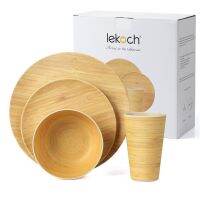 Lekoch Serat Bambu 4ชิ้นสำหรับ1คนชุดปิกนิกมื้อค่ำลายไม้ไผ่แผ่นจานและจานใยไผ่