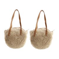 2X Round Straw Beach Bag Vintage Handmade Woven Shoulder Bag Raffia Circle Rattan Bags（Beige）