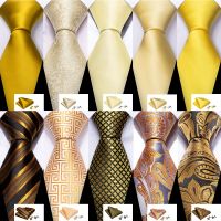 Fashion Silk Men Tie Set Gold Yellow Orange Solid Paisley Striped Plaid Floral Necktie Pocket Square Cufflinks Wedding Designer