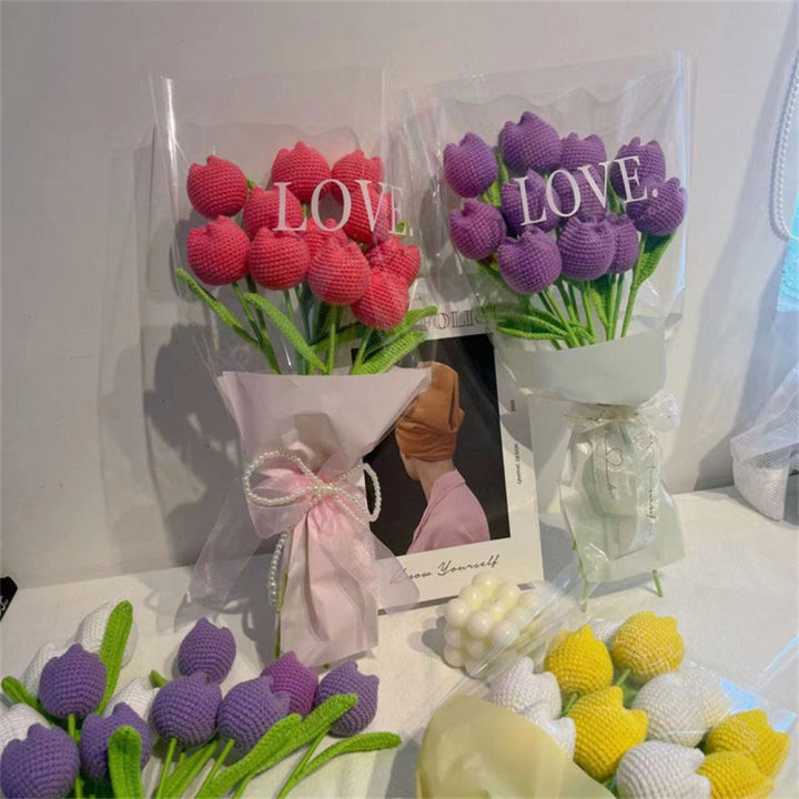 favormax-ช่อดอกกุหลาบดอกทิวลิปถักของตกแต่งงานแต่งงานดอกไม้ถักช่อดอกไม้เทียมทอมือตกแต่งบ้านเก๋ไก๋1ชิ้น