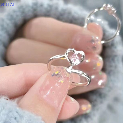 💖【Lowest price】SUTAI แหวนคู่รักแฟชั่นพลอยเทียมสีชมพูแวววาวแหวนคริสตัลวินเทจปรับได้สำหรับผู้หญิงของขวัญเครื่องประดับคู่รัก