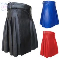 Men Gladiator Scottish Highland Utility Kilt Larp PU Leather Club Pleated Skirt