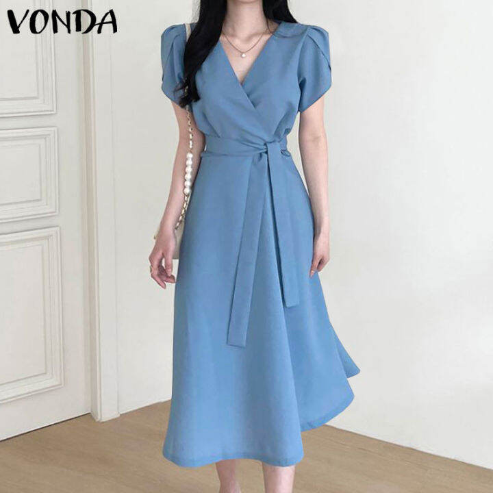 Vonda Women Short Sleeve Holiday Tunic Long Dresses Summer Pleated