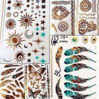 Gold Sun Silver Moon Temporary Tattoo Stickers Women Kids Body Art Star Feather Golden Metallic Water Transfer Flash Tatoo Child Wall Stickers Decals