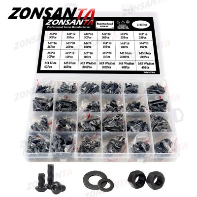 ZONSANTA M2 M2.5 M3 M4 M5 Grade 10.9 Steel Hex Hexagon Socket Button Round Head Black Screw Allen Bolt Nut Washer Set Kit Box Nails Screws Fasteners