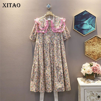 XITAO Dress Ruffle Collar Print Pattern Pleated Hem Minority Dress
