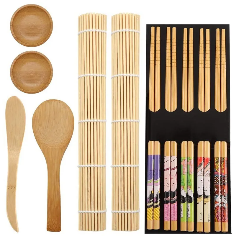 Bamboo Sushi Making Kit with 2 Sushi Rolling Mats, 5 Pairs of Reusable  Bamboo Chopsticks, 1 Rice Paddle and 1 Spreader - Beginner Sushi Kit