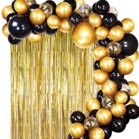 Black Gold Balloons with Gold Tinsel Curtain Black Gold Balloon Garland for Wedding Birthday Party Supplies Decorations