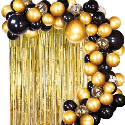 Black Gold Balloons with Gold Tinsel Curtain Black Gold Balloon Garland for Wedding Birthday Party Supplies Decorations