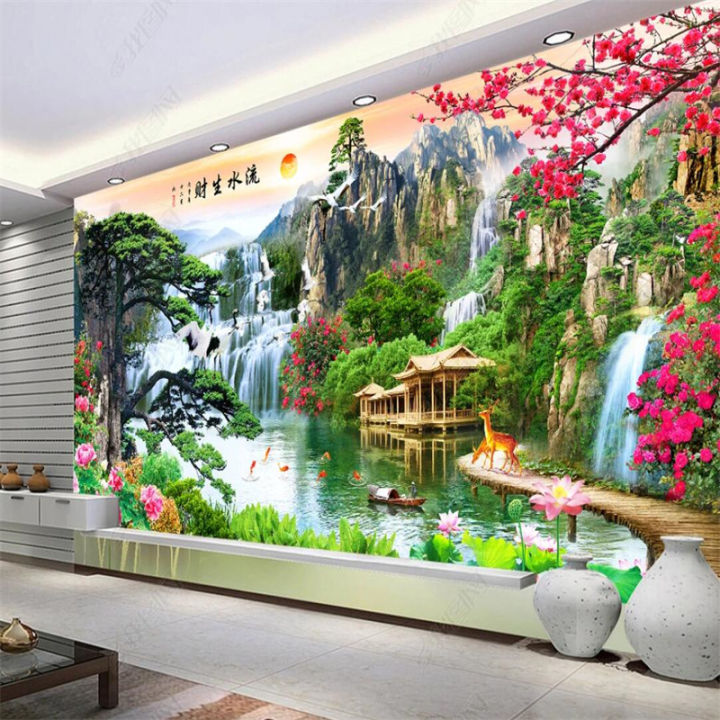 Chinese style flowing water making money them sofa background decor wall  paper 3D waterfall landscape self-adhesive mural wallpaper 3d | Lazada