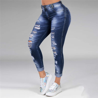 Washed Ripped Jeans Women Plus Size S-5XL Korean High Waist Trousers Skinny Denim Jeans Black Blue Hollow Bleached Pencil Pants