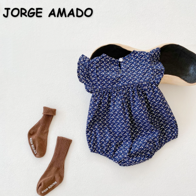 ฤดูร้อนเด็กสาวบอดี้สูทสีน้ำเงินเข้ม O-คอพิมพ์ F Lare แขนเสื้อสวมหัว J Umpsuit ทารกแรกเกิดเด็กวัยหัดเดินสามเหลี่ยมคลานเสื้อผ้า E92510
