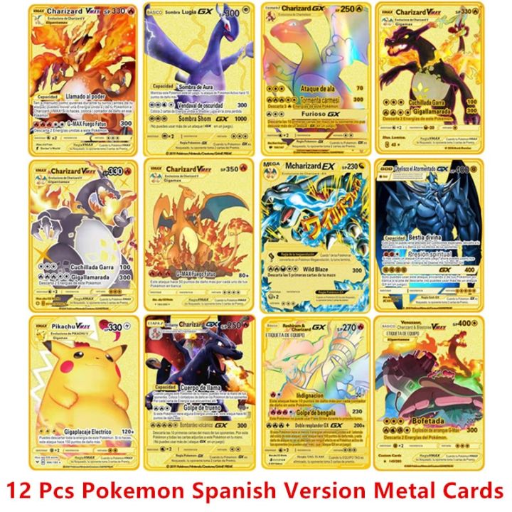 การ์ดโลหะโปเกมอน6-12ชิ้น-เซ็ตเวอร์ชันภาษาอังกฤษสเปนภาพอนิเมะ-charizard-pikachu-pocket-monster-การซื้อขายการต่อสู้การ์ดของเล่น