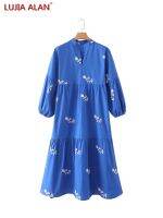 Women Flower Embroidery Lantern Sleeve Blue Dress Summer Female Cascading Ruffle Loose Midi Vestidos LUJIA ALAN WD099