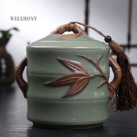 Bamboo Hot Sale Top Grade Crackle Glaze Longquan Celadon Ceramics Capacity Eco-Friendly Tea Caddy Tea Canister Tea Porcelain Jar