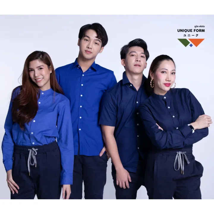 uniqueform-เสื้อเชิ้ต-แขนสั้น-คอจีน-คอปก-สีมิกซ์น้ำเงิน-กรม-mix-classic-blue-pure-oxford-shirt