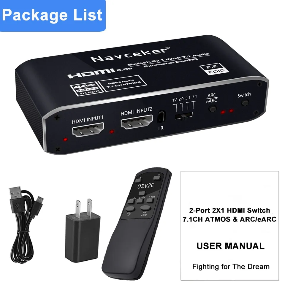 2X1 4K 120Hz HDMI Switch Earc Audio Extractor ARC Optical Toslink HDMI 2.0 Switch  4K 60Hz HDMI Switcher Remote For TV PS4