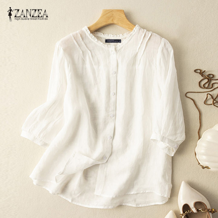 สินค้ามาใหม่-จัดส่งฟรี-fancystyle-zanzea-เสื้อลูกไม้ลำลองของผู้หญิงเสื้อคอกลมวินเทจหลวมติดกระดุมเสื้อลงมา-2