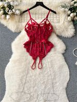 แสดงคุณสมบัติ▫Gsgw SINGREINY Senhoras บอดี้สูท Cinta Cadeia Virilha Aberta Erótico Magro Playsuits Oco Doce Sexy Pijamas