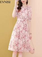 【YF】 Women Chiffon Print Floral Dress Summer 2022 New Fashion Elegant Folds Dresses O-neck A-line Sweet Vestidos