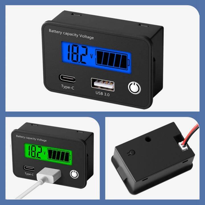 lead-acid-lithium-battery-capacity-indicator-car-digital-voltmeter-voltage-tester-dc8-30v-usb-type-c-green-screen