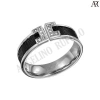 ANGELINO RUFOLO Ring ดีไซน์ Crystal Artistic แหวนผู้ชาย Stainless Steel 316L(สแตนเลสสตีล)คุณภาพเยี่ยม สีเงิน ประดับตกแต่งด้วย Crystal / Black Leatherette