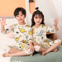 COD SDFGDERGRER [ZY] 90-170CM Childrens Threaded Ice Silk Air-Conditioning Clothing Three-Quarter Sleeve Cropped Trousers Two-Piece Korean Version Casual Suit Baby Cartoon Breathable Pajamas High Elas