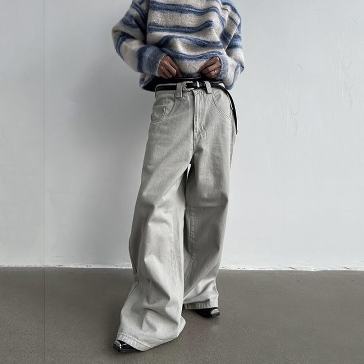 ถุงกางเกงยีนส์ลากชั้นยาวผ้ายีนส์สีเทาธรรมดากางเกงลำลองกว้างกางเกงผู้ชายผู้หญิง-acubi-แฟชั่น