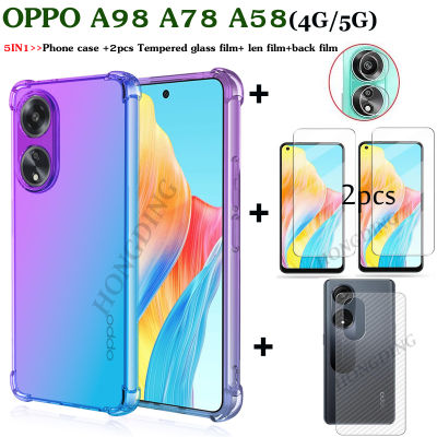 5In 1กระจกเทมเปอร์สำหรับ OPPO A58 A78เคสโทรศัพท์ OPPO A78 A98 A58 5G 5 In 1โทรศัพท์มือถือเคสโทรศัพท์ + 2ชิ้นฟิล์มกระจกเทมเปอร์ใสคลุมทั้งหมด + ฟิล์มด้านหลังคาร์บอนไฟเบอร์ + ฟิล์มเลนส์กล้อง